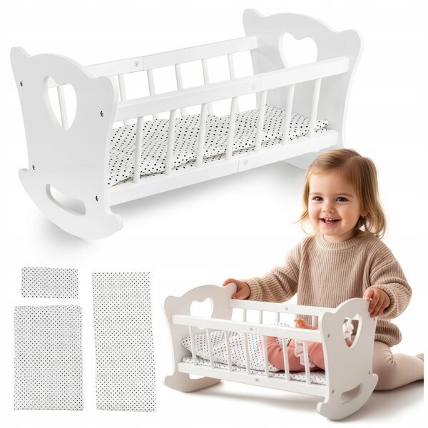 Dondolo in legno per bambole Kinderplay con biancheria da letto completa
