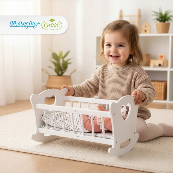 Dondolo in legno per bambole Kinderplay con biancheria da letto completa