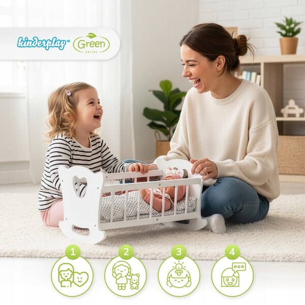 Dondolo in legno per bambole Kinderplay con biancheria da letto completa