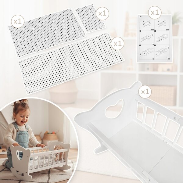 Dondolo in legno per bambole Kinderplay con biancheria da letto completa