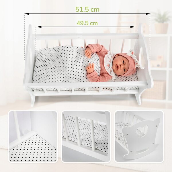 Dondolo in legno per bambole Kinderplay con biancheria da letto completa