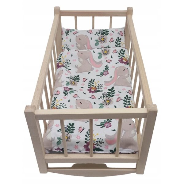 Holzwiege für Puppen mit buntem Kaninchen-Bettwäscheset