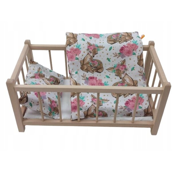 Lettino in legno per bambole con biancheria Sarenki, 3 pezzi, dimensioni 49x26,5 cm