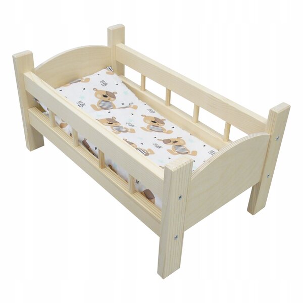 Letto in Legno per Bambole con Biancheria da Letto Orsetto Teddy per Bambini