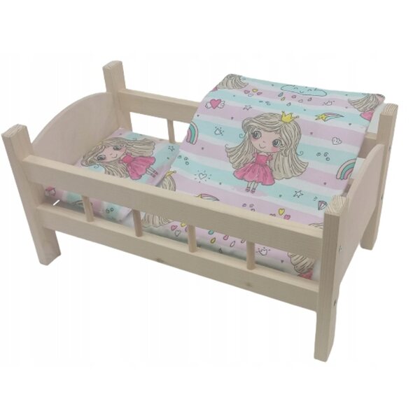 Holzbett mit kompletter Bettwäsche für Puppen, 3-teiliges Set, 54 x 31 x 27 cm