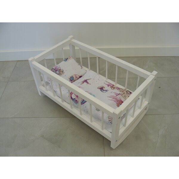 Dondolo e lettino in legno per bambole con biancheria bianca - 34x54x35 cm