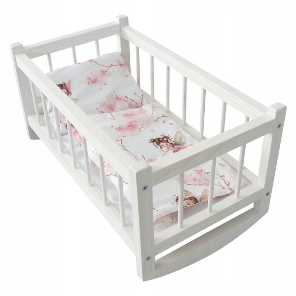 Weiße Holzwiege für Puppen mit Leinen, Maße 54x35x34 cm