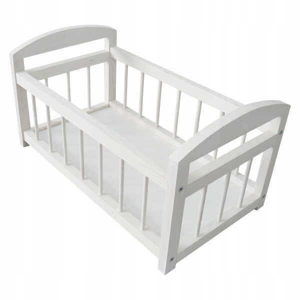 Witte houten poppenwieg met linnen, afmeting 54x35x34 cm