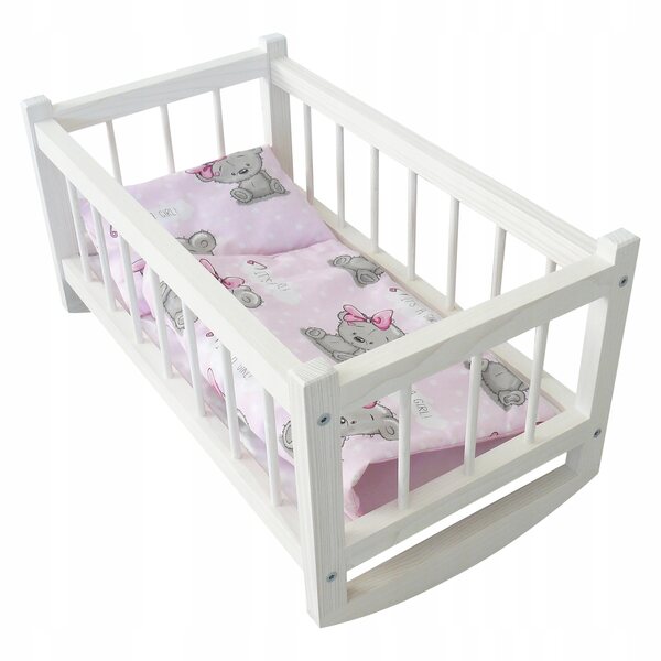 Dondolo in legno per bambole con biancheria e orsetto, regalo perfetto per bambini