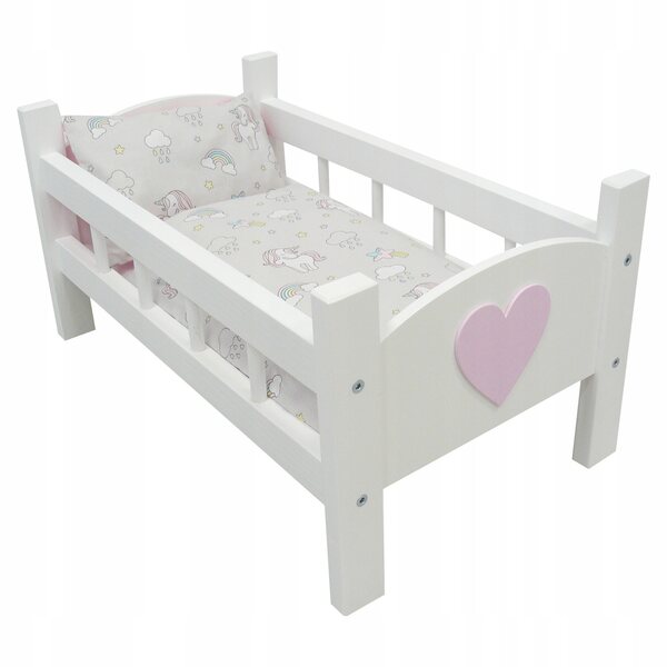 Lettino in legno bianco per bambole con biancheria unicorno per bambini