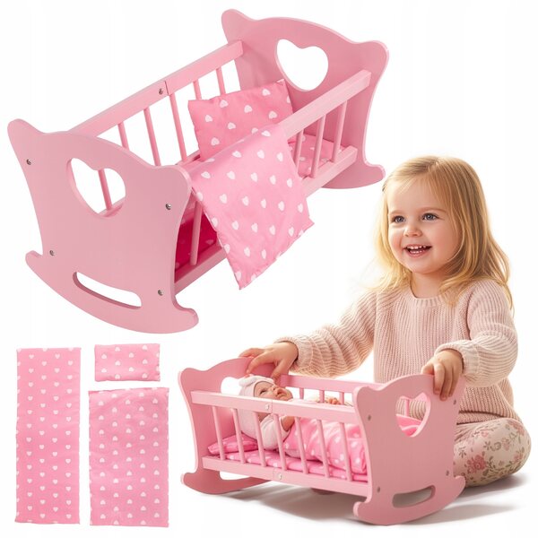 Dondolo in legno per bambole Kinderplay con biancheria completa e matelassé