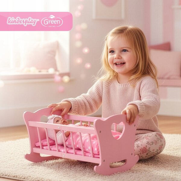 Dondolo in legno per bambole Kinderplay con biancheria completa e matelassé