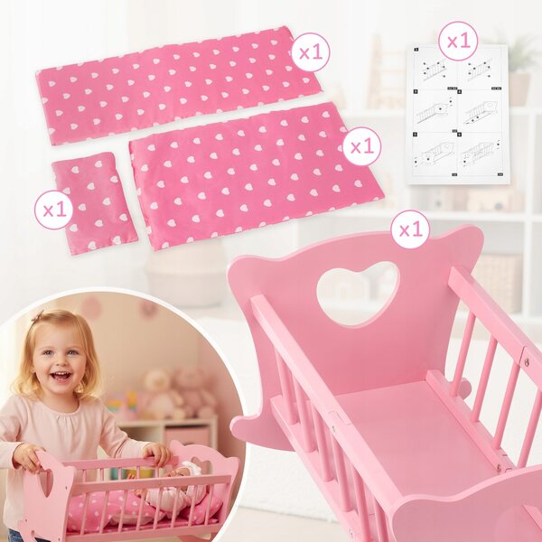 Dondolo in legno per bambole Kinderplay con biancheria completa e matelassé