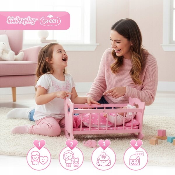 Dondolo in legno per bambole Kinderplay con biancheria completa e matelassé