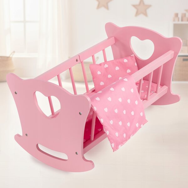 Dondolo in legno per bambole Kinderplay con biancheria completa e matelassé