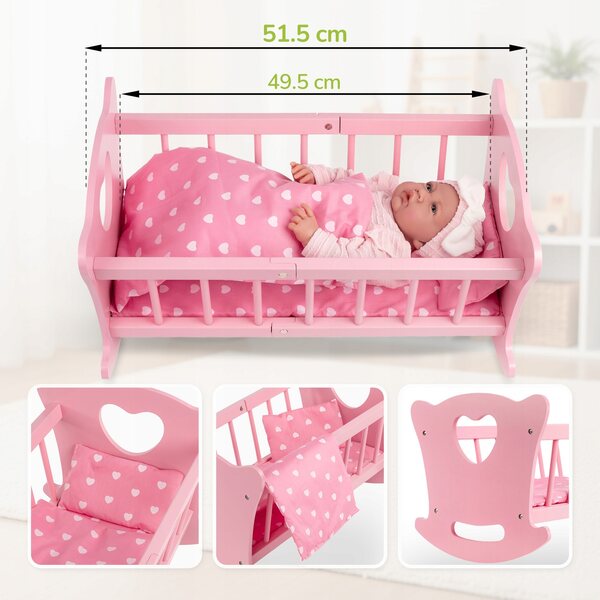 Dondolo in legno per bambole Kinderplay con biancheria completa e matelassé