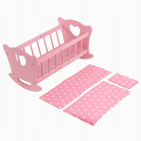 Dondolo in legno per bambole Kinderplay con biancheria completa e matelassé