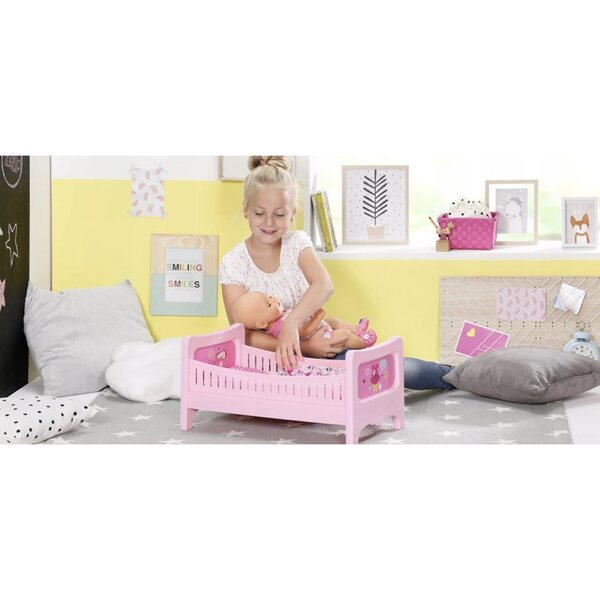 Kinderbett für Baby Born 43 cm Puppe mit abnehmbarer und farbenfroher rosa Bettwäsche