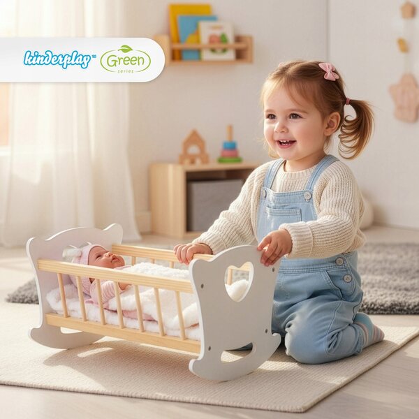 Dondolo in legno Kinderplay XL con biancheria per bambole fino a 49,5 cm