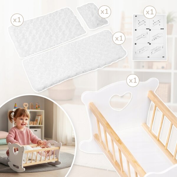 Dondolo in legno Kinderplay XL con biancheria per bambole fino a 49,5 cm