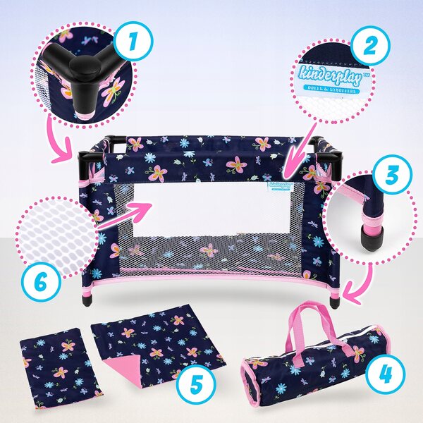 Letto da viaggio per bambole Kinderplay con borsa e accessori - facile da smontare