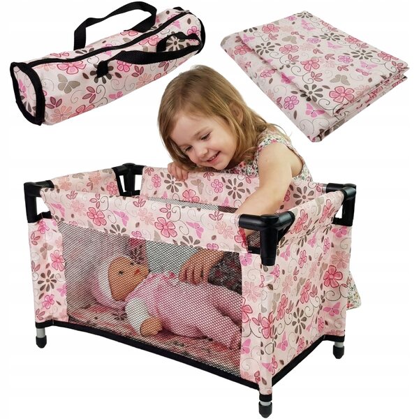 Großes Reisebett für Puppen mit rosa Tasche, Decke und Kissen