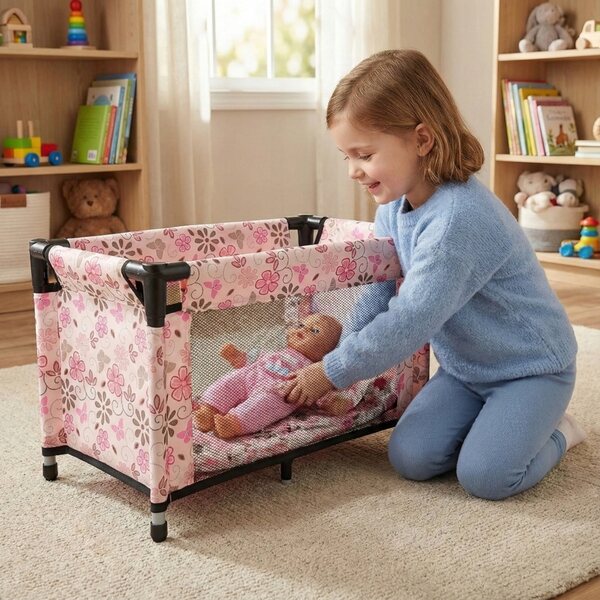 Großes Reisebett für Puppen mit rosa Tasche, Decke und Kissen