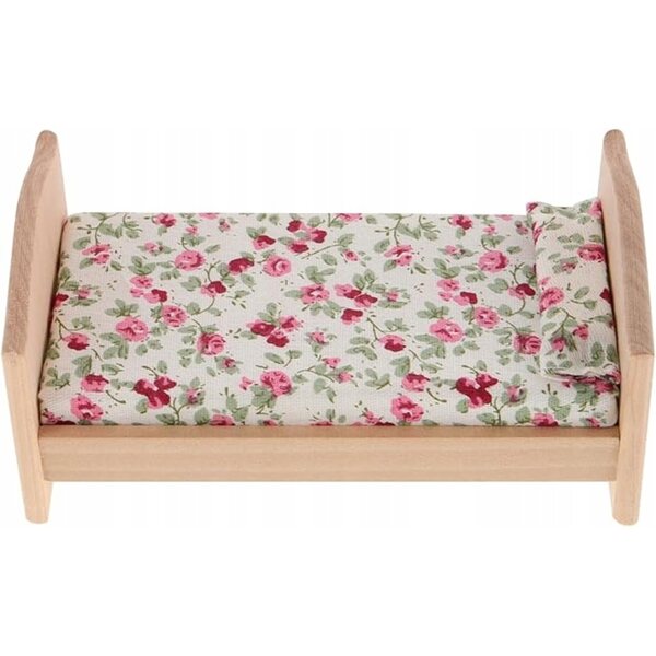 Letto in legno per bambole con biancheria colorata per case delle bambole