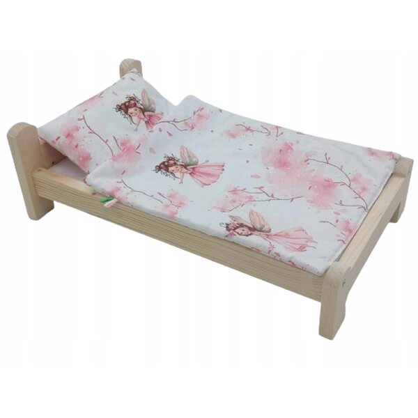 Letto per bambole in legno con biancheria da letto in cotone 54x31 cm
