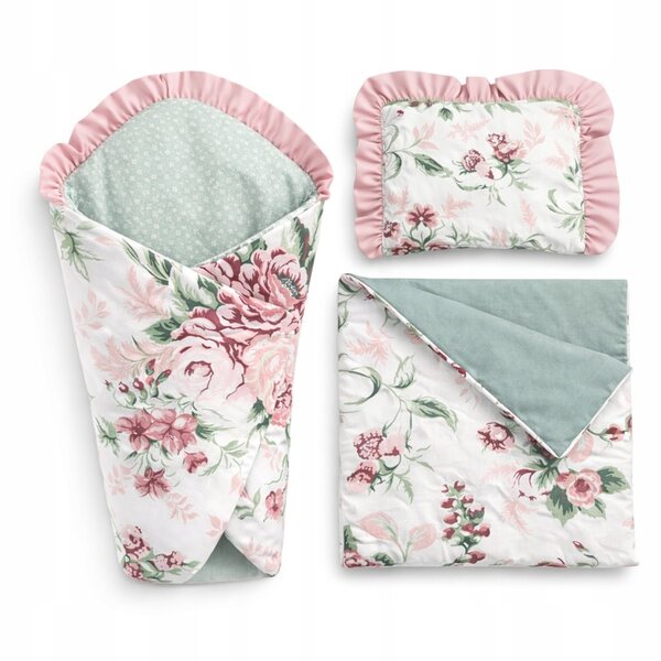 Premium-Bettwäscheset und Stirnband für 45-cm-Puppe – Zigeunerblumen, handgenäht