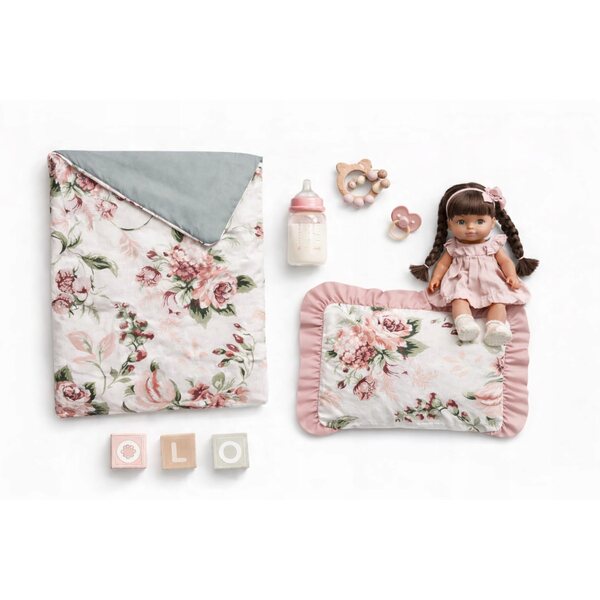 Premium-Bettwäscheset und Stirnband für 45-cm-Puppe – Zigeunerblumen, handgenäht