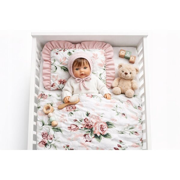 Premium-Bettwäscheset und Stirnband für 45-cm-Puppe – Zigeunerblumen, handgenäht