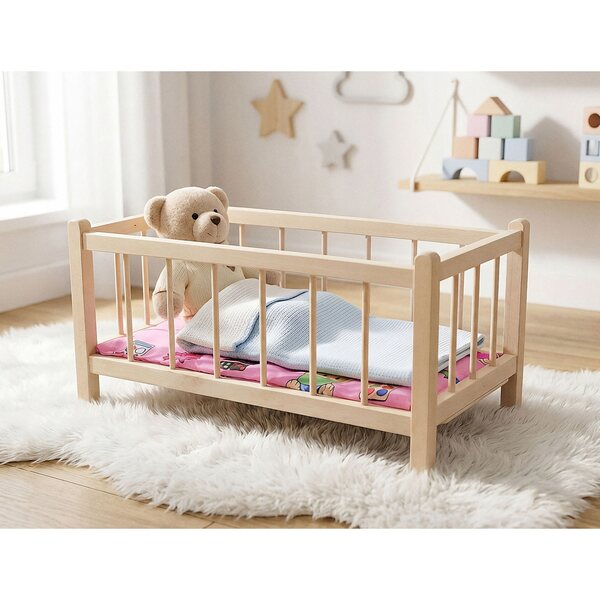 Lettino in legno per bambole con materasso morbido e design allegro