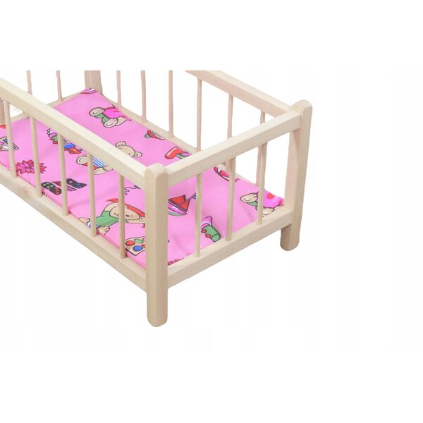 Lettino in legno per bambole con materasso morbido e design allegro