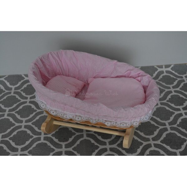 Culla in Vimini per Bambole Rosa con Tessuto a Quadretti - Handmade