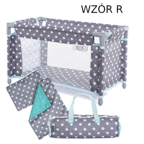 Letto da viaggio per bambole Doris con borsa, piumone e cuscino