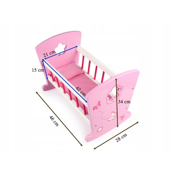 Roze houten wieg voor poppen in vlinderstijl en linnengoed inbegrepen