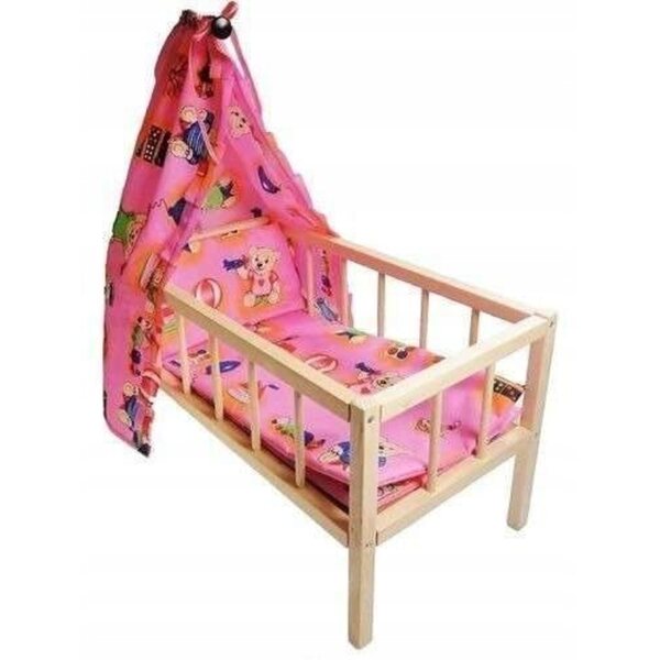 Letto in Legno per Bambole con Baldacchino e Set Completo di Biancheria