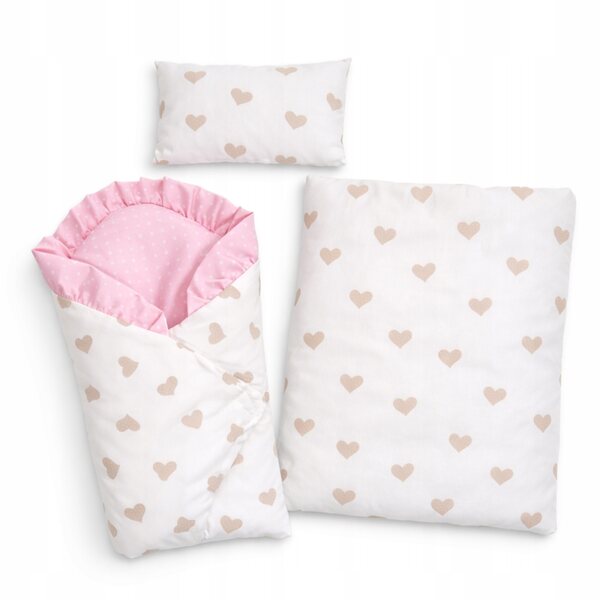 Leinen- und Becik-Set für Puppe 30–35 cm, Pudrati-Herzen, 100 % handgefertigt