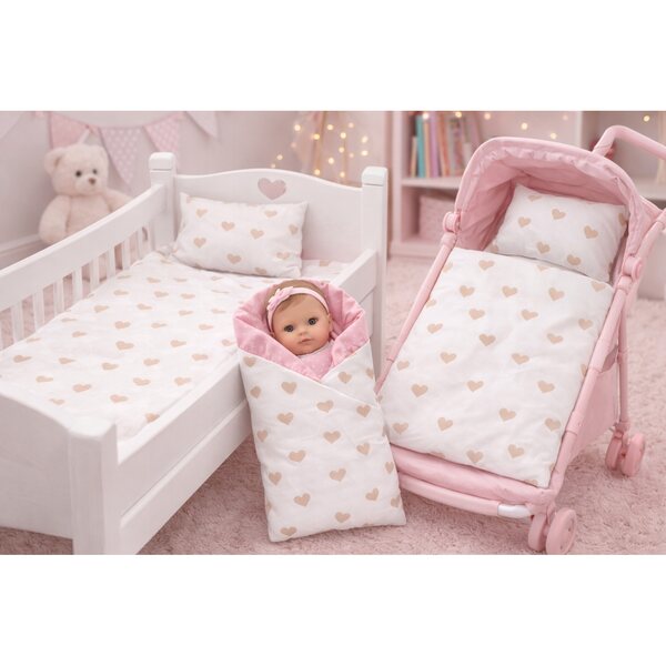 Leinen- und Becik-Set für Puppe 30–35 cm, Pudrati-Herzen, 100 % handgefertigt