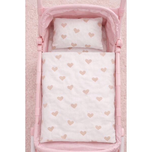 Leinen- und Becik-Set für Puppe 30–35 cm, Pudrati-Herzen, 100 % handgefertigt