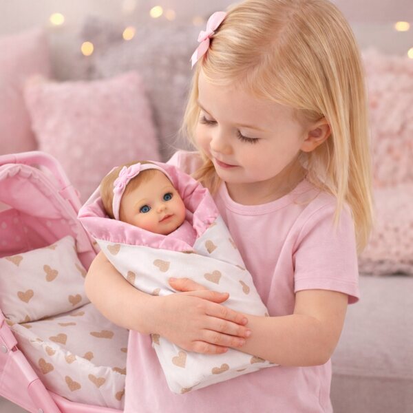 Leinen- und Becik-Set für Puppe 30–35 cm, Pudrati-Herzen, 100 % handgefertigt