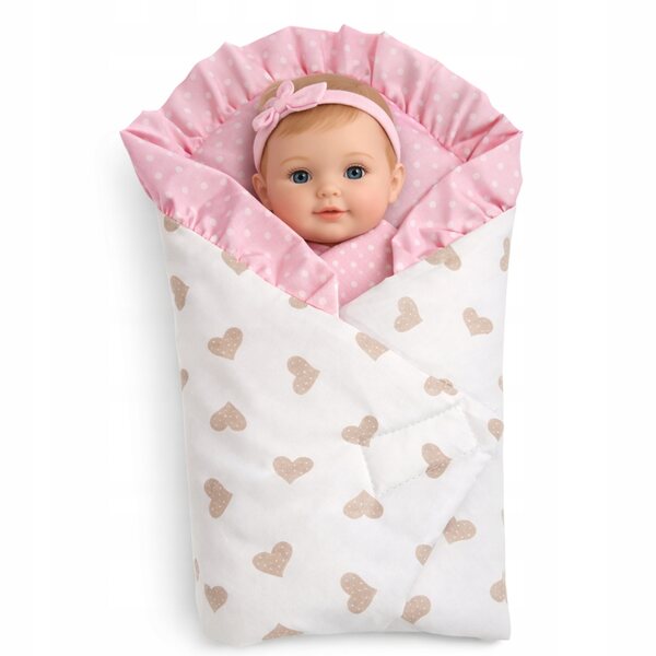 Leinen- und Becik-Set für Puppe 30–35 cm, Pudrati-Herzen, 100 % handgefertigt