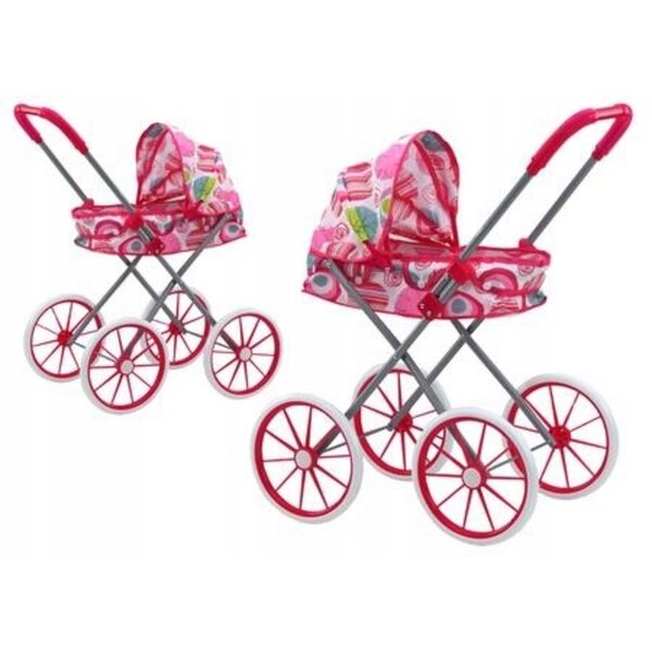 Passeggino per bambole pieghevole rosa con grandi ruote e motivi colorati