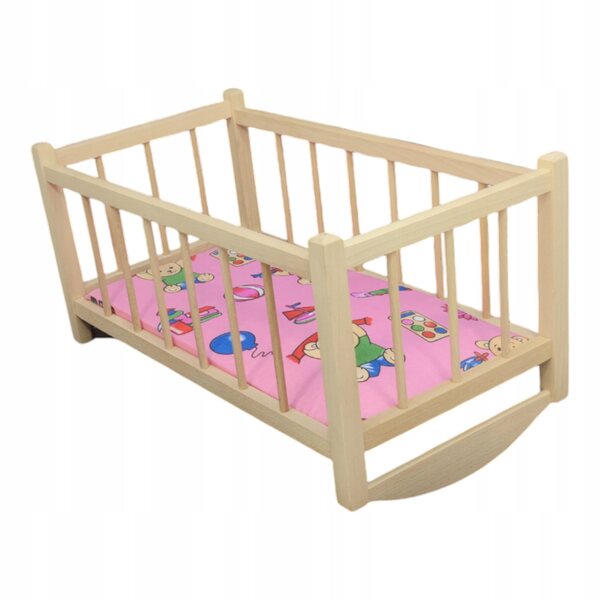 Dondolo in legno per bambole con materassino e biancheria, handmade ed ecologico