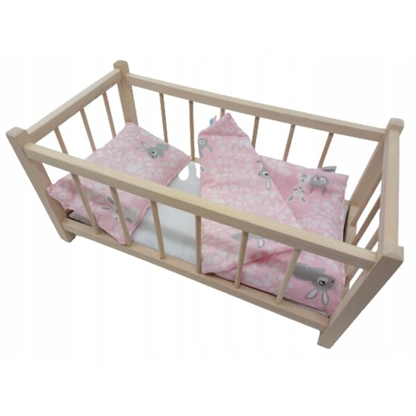 Letto in legno per bambole con biancheria e materasso, 49x26,5x24 cm