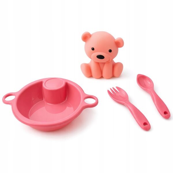 Puppenfütterungsset mit rosa Teller und Besteck – leicht und praktisch