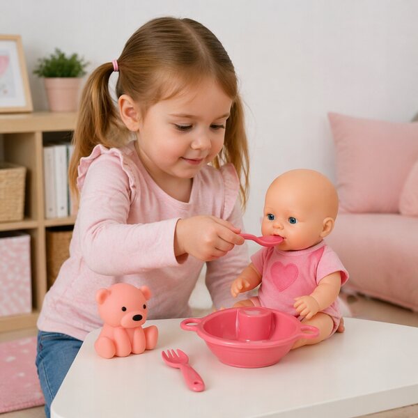 Puppenfütterungsset mit rosa Teller und Besteck – leicht und praktisch
