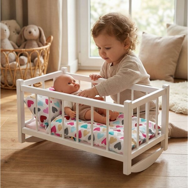 Witte houten wieg voor Peewit-poppen met matras en beddengoed
