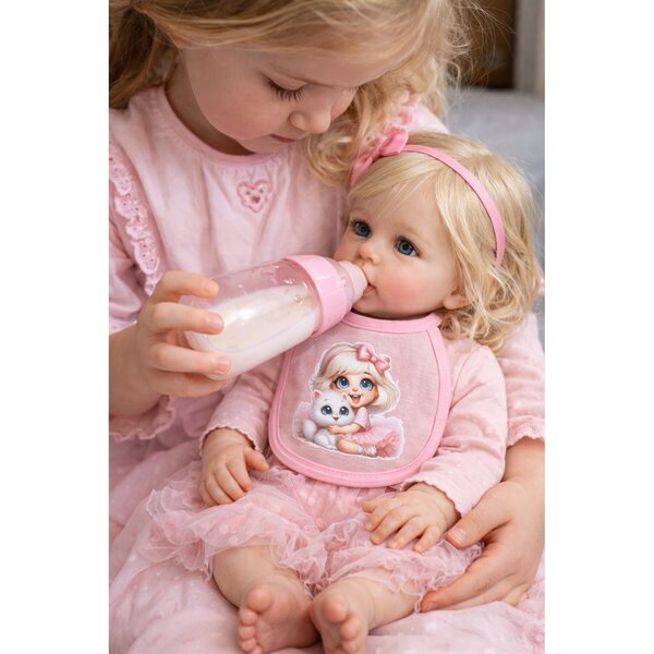 Bavaglino rosa per bambola con bambina - accessorio gioco e cura